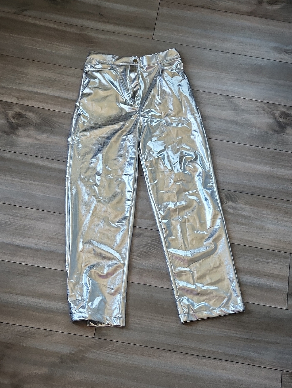 Shiny Metallic Silver High-Waist Pants
